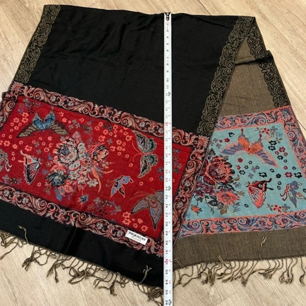 Pashmina, Red, Blue and Olive Colorblock Scarf Butterfly Pattern